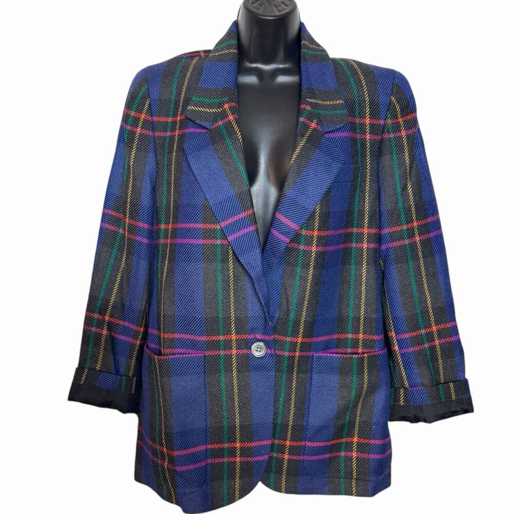 Vtg 80s 90s Liz Claiborne Wool Plaid Blazer Purple Tartan Preppy Holiday Size 8